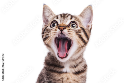 A playful kitten with an open mouth, showcasing surprise and curiosity against a white isolated background.