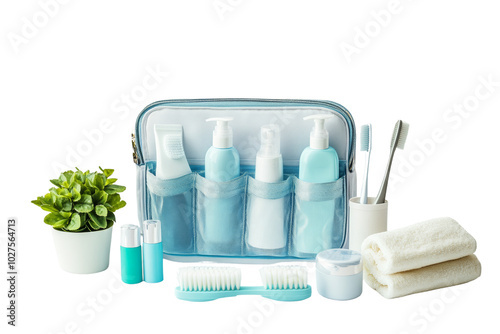 A travel toiletry kit with various skincare products, a plant, and personal care items on a white background.