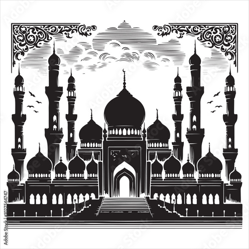 Black silhouette of a grand mosque with minarets and dome, clear and detailed on a pure white background 