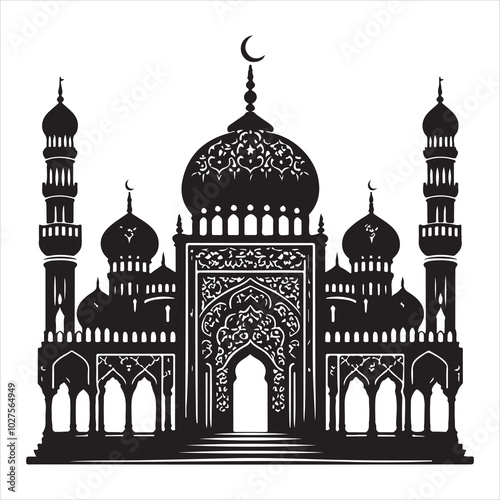 Black silhouette of a grand mosque with minarets and dome, clear and detailed on a pure white background 