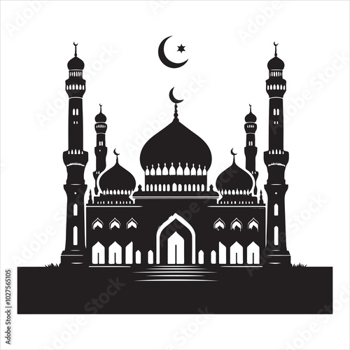 Black silhouette of a grand mosque with minarets and dome, clear and detailed on a pure white background 