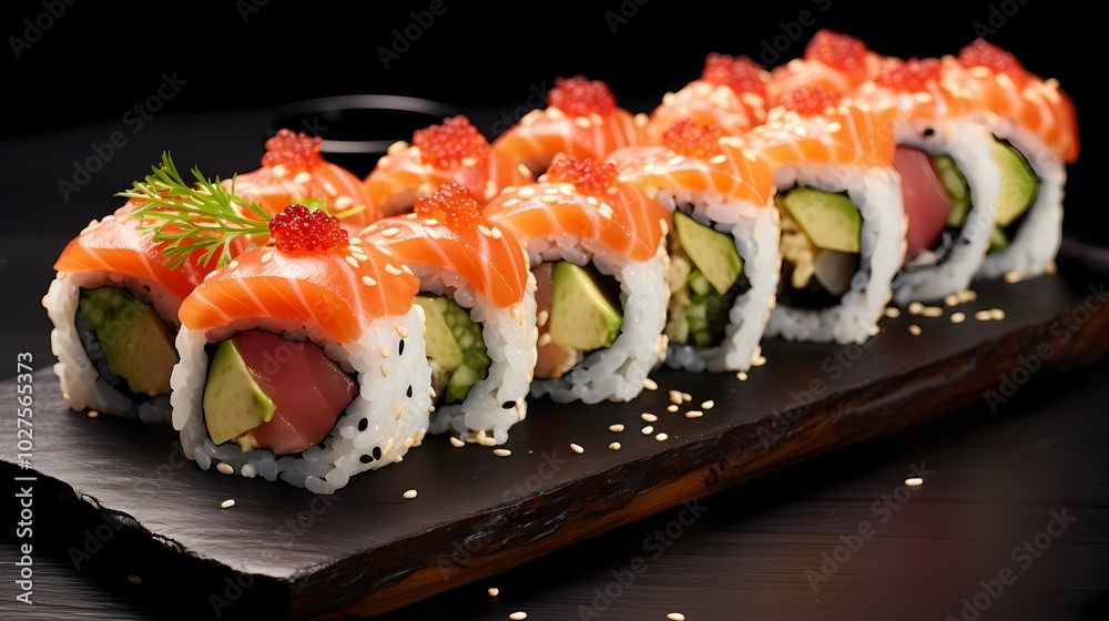 Elegant sushi platter showcasing fresh salmon and avocado rolls on a black slate. Elegant sushi platter showcasing fresh salmon and avocado rolls on a black slate.