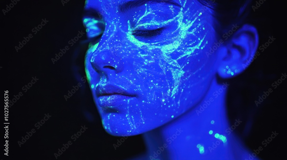 Glow-in-the-dark body art with abstract designs, perfect for performance or artistic expression in dark settings. Glow-in-the-dark body art with abstract designs, perfect for performance or artistic expression in dark settings.