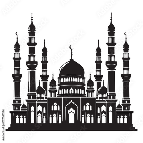 Black silhouette of a grand mosque with minarets and dome, clear and detailed on a pure white background 