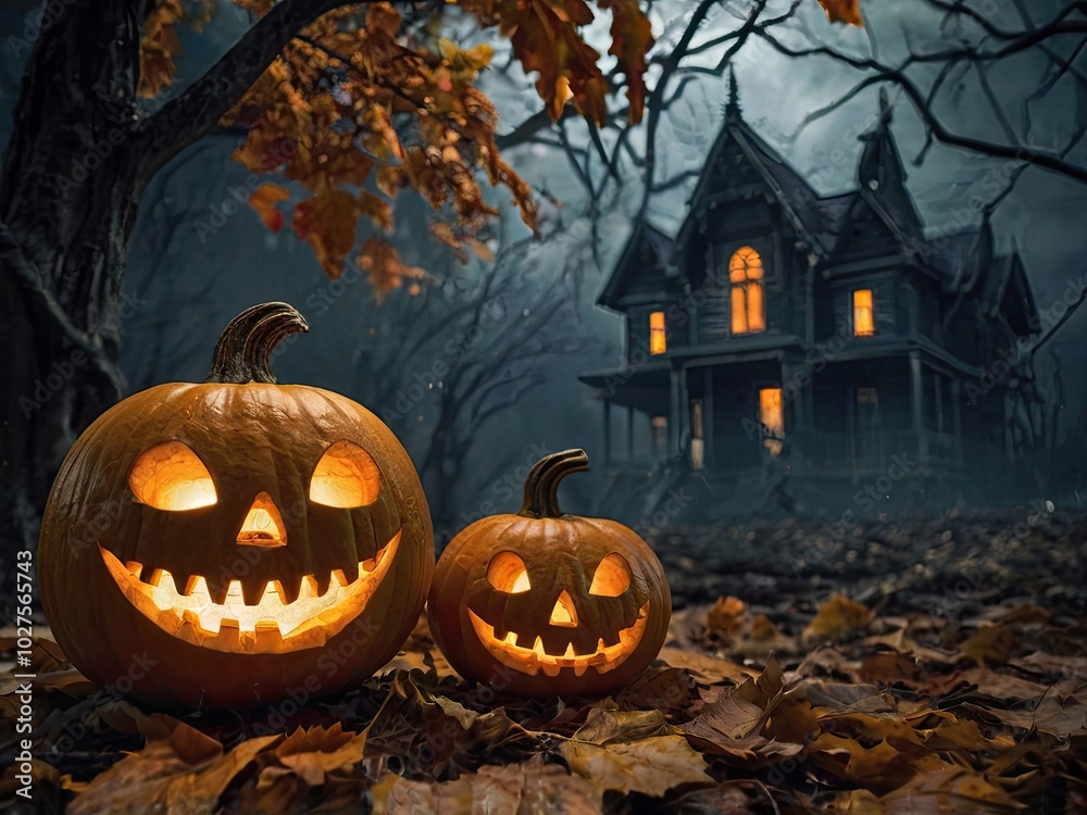 Spooky Halloween night with pumpkins and bats under a full moon Spooky Halloween night with pumpkins and bats under a full moon