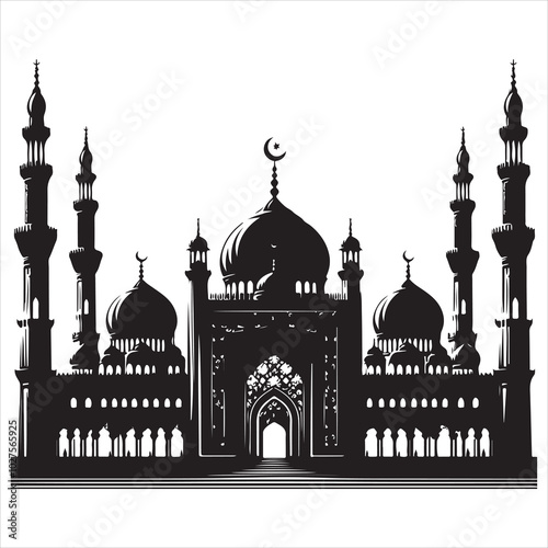 Black silhouette of a grand mosque with minarets and dome, clear and detailed on a pure white background 