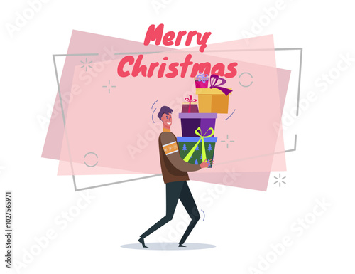 Happy man carrying boxes with Xmas presents vector illustration. Merry Christmas lettering on abstract background. New Year, holiday, party, celebration concept for banner or poster design