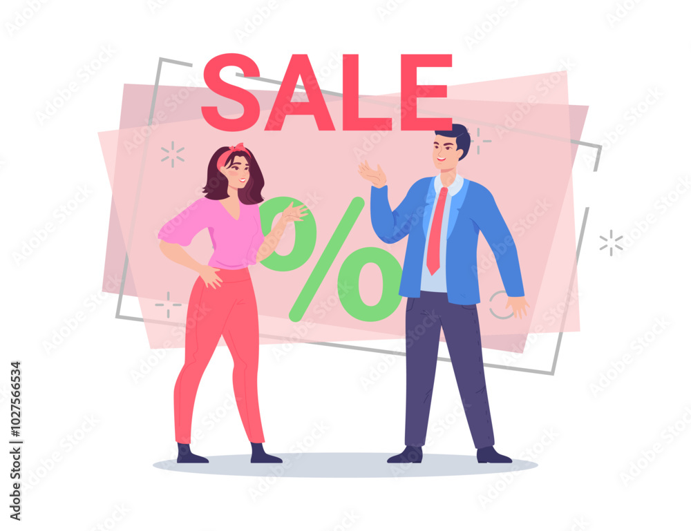 Man in suit announcing about sales to housewife. Businessman offering discount to buyer vector illustration. Sale lettering, percent mark on background. Advertising, shopping concept for web design Man in suit announcing about sales to housewife. Businessman offering discount to buyer vector illustration. Sale lettering, percent mark on background. Advertising, shopping concept for web design
