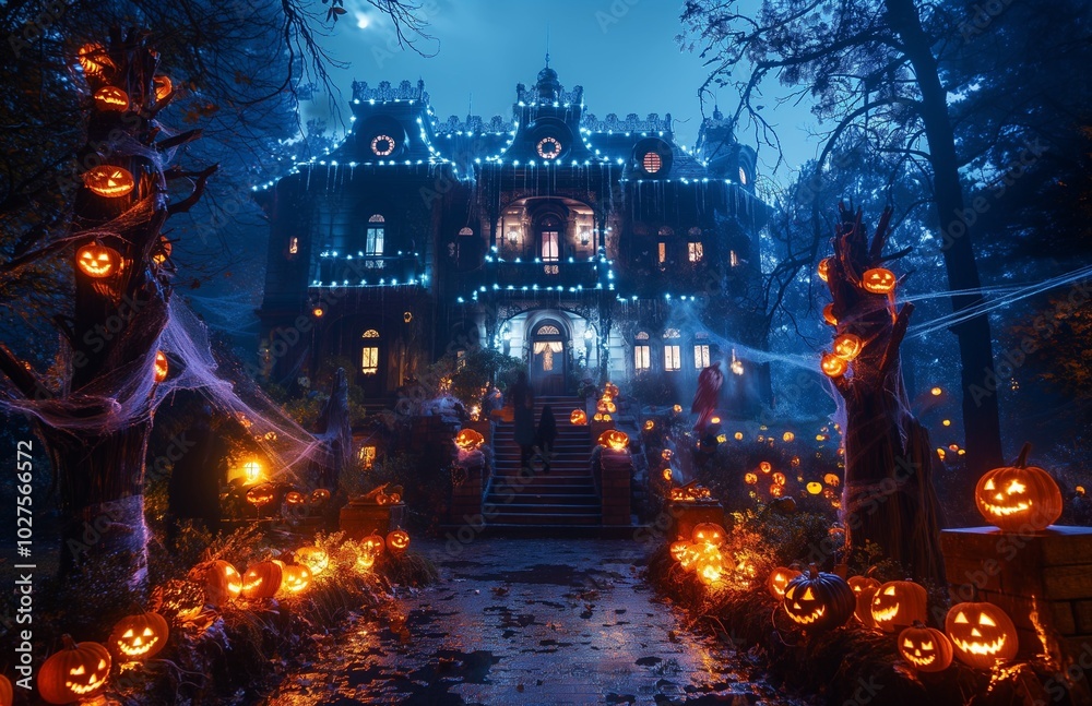 A large mansion decorated for Halloween. A large mansion decorated for Halloween.