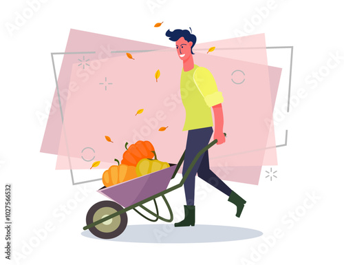 Male gardener with wheelbarrow full with pumpkins flat vector illustration. Young man gathering harvest. Country, lifestyle, gardening, autumn concept for banner or web design