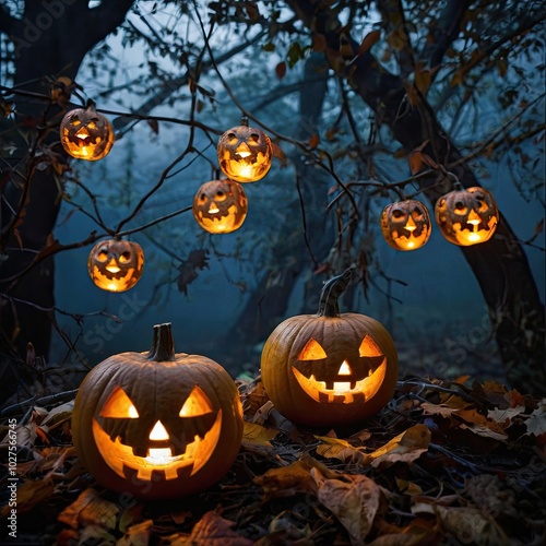 Spooky Halloween night with pumpkins and bats under a full moon