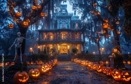 A large mansion decorated for Halloween.