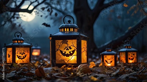 Spooky Halloween night with pumpkins and bats under a full moon