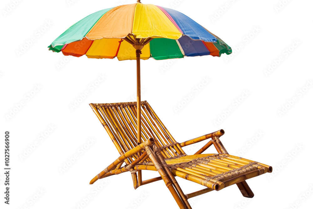 Colorful beach umbrella and bamboo chaise lounge, ideal for relaxation in sunny weather, set on a white isolate background. Colorful beach umbrella and bamboo chaise lounge, ideal for relaxation in sunny weather, set on a white isolate background.