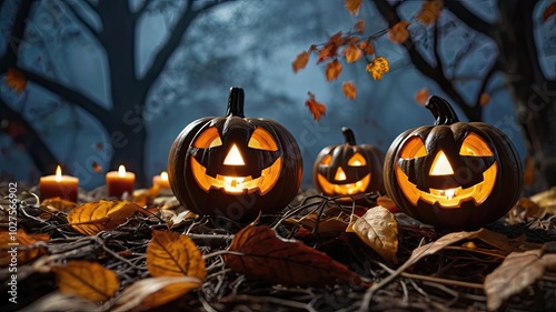 Spooky Halloween night with pumpkins and bats under a full moon
