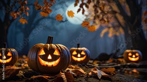Spooky Halloween night with pumpkins and bats under a full moon