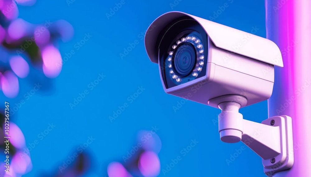 A close-up view of a modern security camera mounted on a pole against a colorful background, designed for surveillance and safety monitoring. A close-up view of a modern security camera mounted on a pole against a colorful background, designed for surveillance and safety monitoring.
