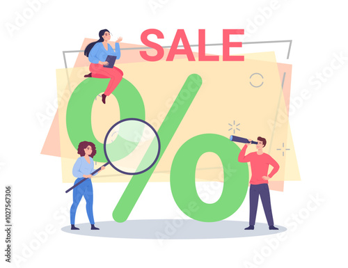 People with magnifier, spyglass and laptop searching for discounts, special offers. Vector illustration. Sale lettering, percentage mark on background. Sale, shopping concept for banner design