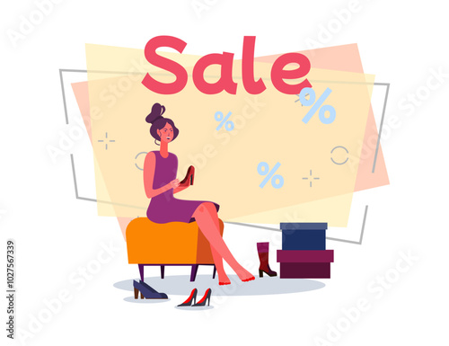 Woman choosing shoes in store on sale vector illustration. Female character trying on high heels. Sale lettering, percent signs on background. Fashion, shopping, sale concept for banner or web design