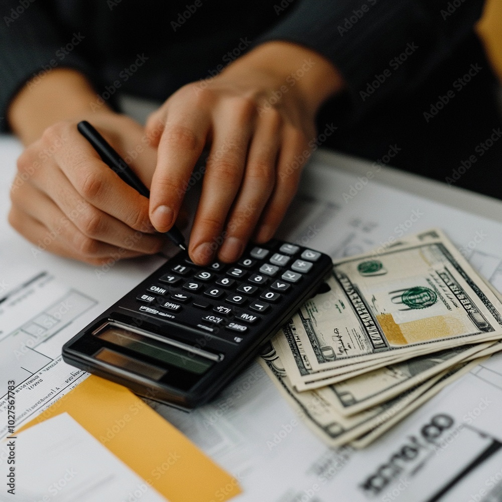 Hand Using Calculator While Holding Bills Hand Using Calculator While Holding Bills