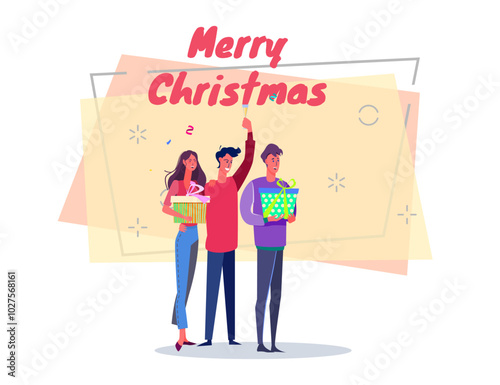 Young people celebrating Christmas, toasting and giving presents vector illustration. Merry Christmas lettering on abstract background. New Year, holiday, party, friendship concept for banner design