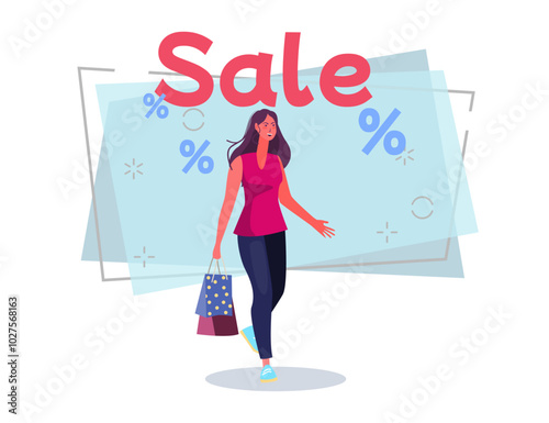 Woman with shopping bags vector illustration. Female character shopping with discounts. Sale lettering, percent signs on background. Special offer, shopping, sale concept for banner or poster design
