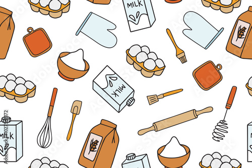 Colorful seamless pattern of baking accessories. Kitchen cooking utensils in doodle style. Vector illustration