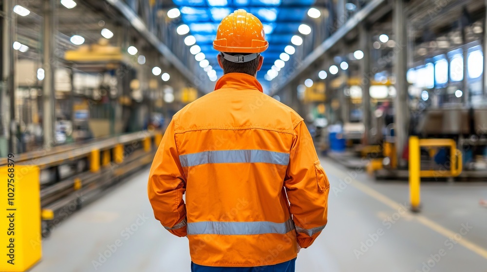 Fototapeta premium A safety-conscious worker in an orange vest and helmet stands in a warehouse, highlighting industry and workplace safety.