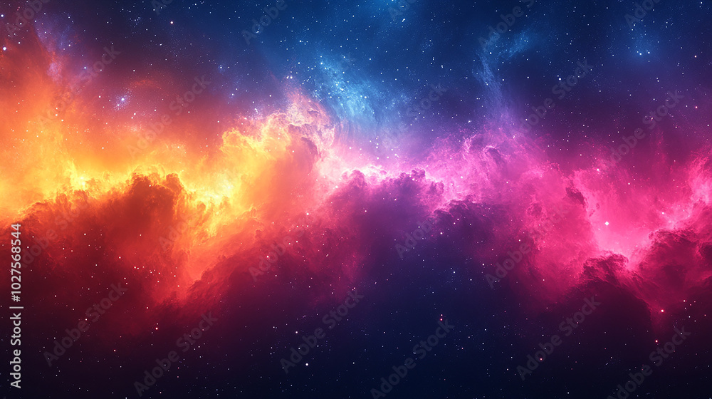 Fototapeta premium A vibrant nebula in space with a mix of orange, red, and blue hues, with a dark background of stars.