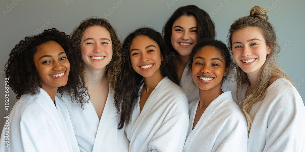 A joyful group of diverse women, dressed in white robes, share smiles and laughter indoors, depicting friendship, unity, and the beauty of diversity. A joyful group of diverse women, dressed in white robes, share smiles and laughter indoors, depicting friendship, unity, and the beauty of diversity.