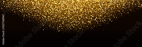 Falling gold dust glowing bg. Holiday sparkling luxury background. Vector illustration with overlay effect of shimmering powder