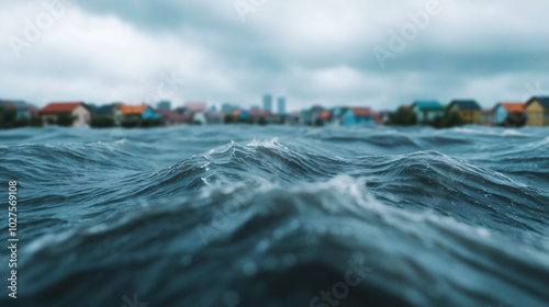 Rising floodwaters threaten a suburban neighborhood, with waves crashing toward houses in the distance under a stormy sky. photo