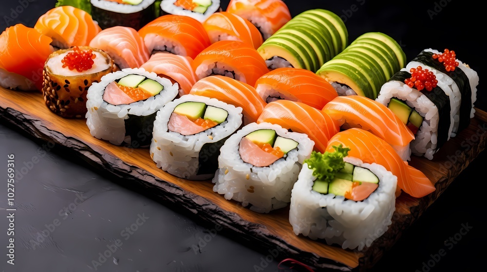 Elegant sushi platter showcasing fresh salmon and avocado rolls on a black slate. Elegant sushi platter showcasing fresh salmon and avocado rolls on a black slate.