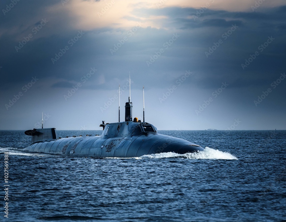 Fototapeta premium Submarine rises a little to the surface of the sea and you can see the antennas and part of the body of which it is built