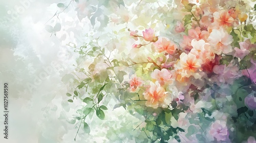 Watercolor Painting of Soft Pink and Peach Flowers with Green Leaves