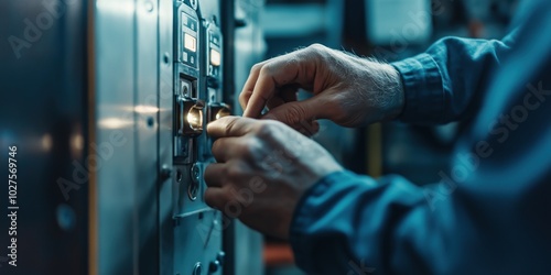 A person is adjusting components on a sophisticated electrical panel, illustrating the concepts of maintenance, precision, and technical expertise.