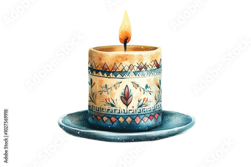 Boho-style Christmas candle clipart featuring a detailed holder with tribal designs, hand-painted in soft neutral colors, set against as transparent PNG