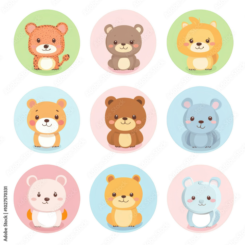 Cute Animal Icons: Adorable cartoon animal illustrations perfect for children's products, branding, and social media. These charming icons feature a variety of animals in a whimsical style. Cute Animal Icons: Adorable cartoon animal illustrations perfect for children's products, branding, and social media. These charming icons feature a variety of animals in a whimsical style.