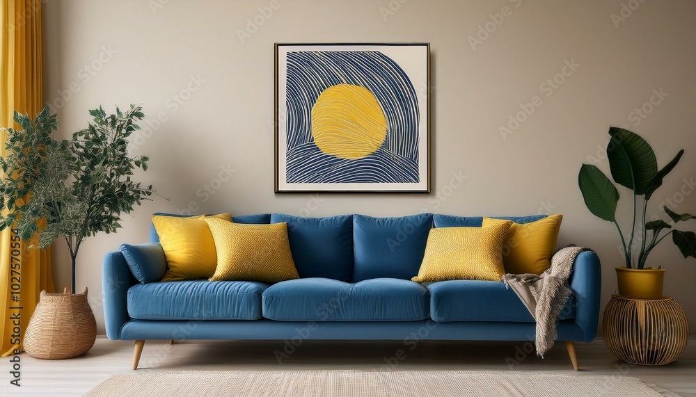 Blue sofa with yellow pillows and blanket against beige wall with frame poster. Scandinavian home interior design of modern living room. Blue sofa with yellow pillows and blanket against beige wall with frame poster. Scandinavian home interior design of modern living room.