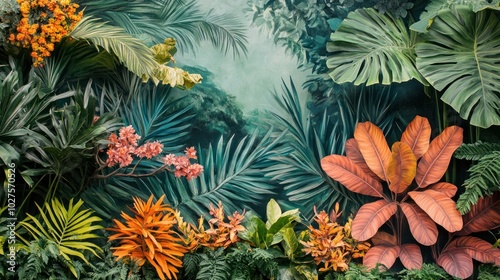 Outdoor mural with a tropical theme, featuring lush foliage and vibrant colors, creating a garden paradise.