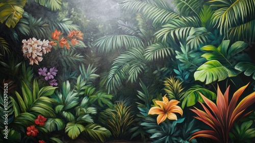 Outdoor mural with a tropical theme, featuring lush foliage and vibrant colors, creating a garden paradise.