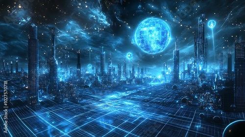 Futuristic Cityscape with Glowing Blue Grid and Orbs photo