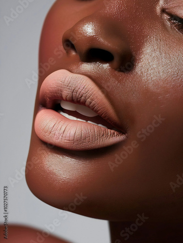 Close-up of lips with matte red, pink, purple, brown lipstick highlighting its soft texture and natural shine. Texture of female lips.