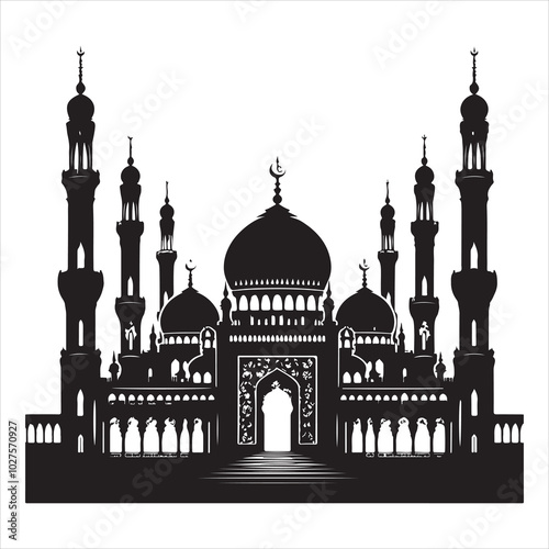 Black silhouette of a grand mosque with minarets and dome, clear and detailed on a pure white background 