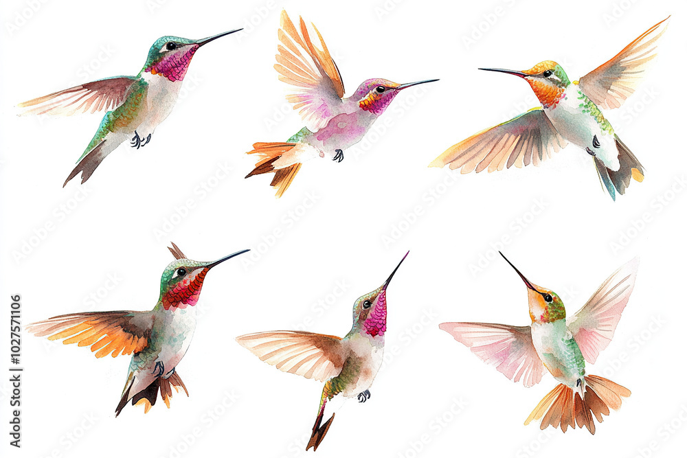 Set of watercolor hummingbirds in flight
