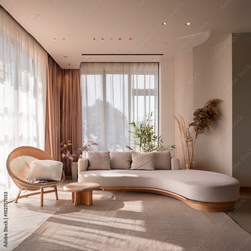 Fototapeta premium Japandi, minimalist interior design of modern living room with curved sofa.