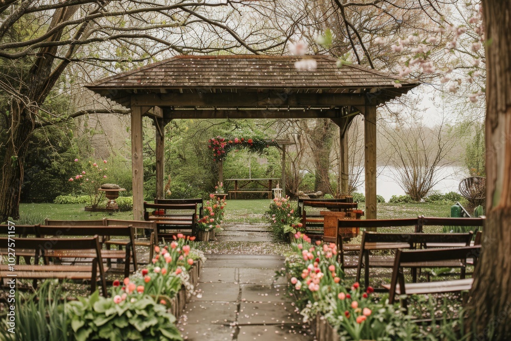 A beautiful garden with a path leading to a wedding ceremony, generative ai image A beautiful garden with a path leading to a wedding ceremony, generative ai image