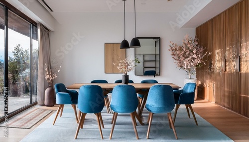 Japandi, minimalist interior design of modern living room. Dining room with blue dining table and stylish chairs.