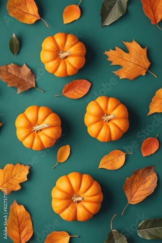 Autumn Pumpkins and Leaves Pattern on Vibrant Background