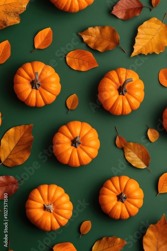 Autumn Pumpkins and Leaves Pattern on Vibrant Background